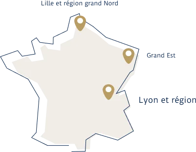 Carte de France situant les implantations du cabinet à Lyon, Lille et dans le Grand Est